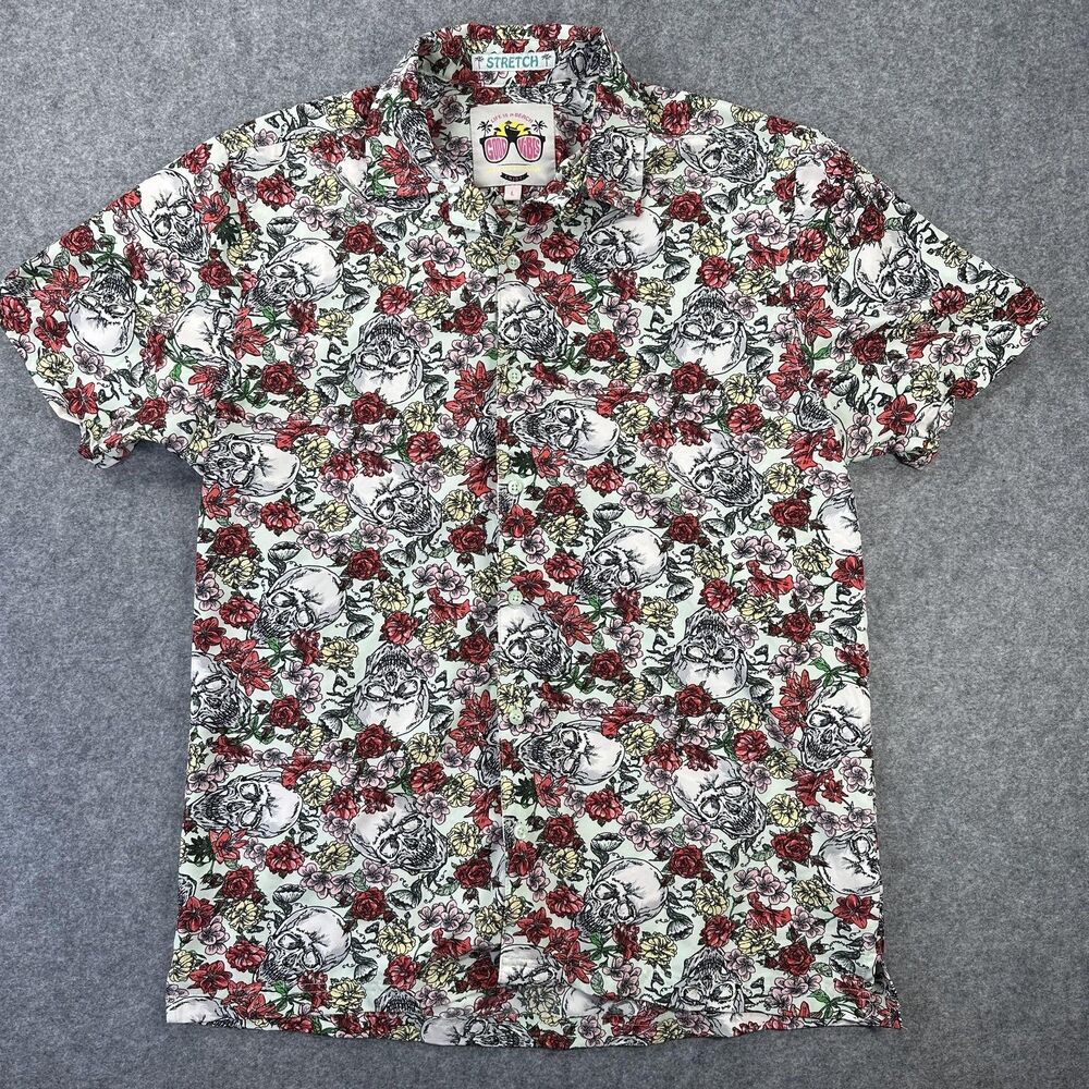 Good Vibes Shirt Mens Large White Skull Floral Short Sleeve Button Up Stretch